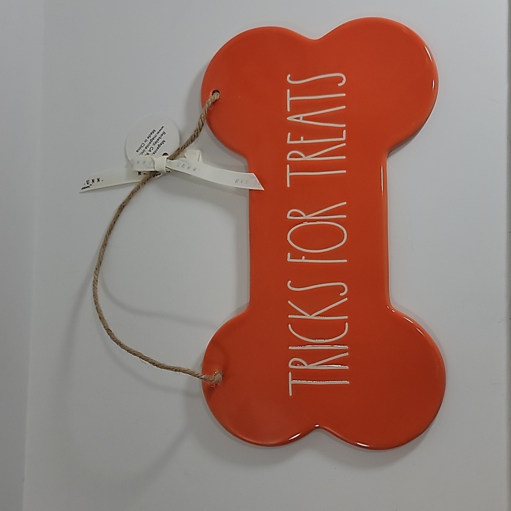 Rae Dunn Tricks for Treats Ceramic Halloween Hanging Dog